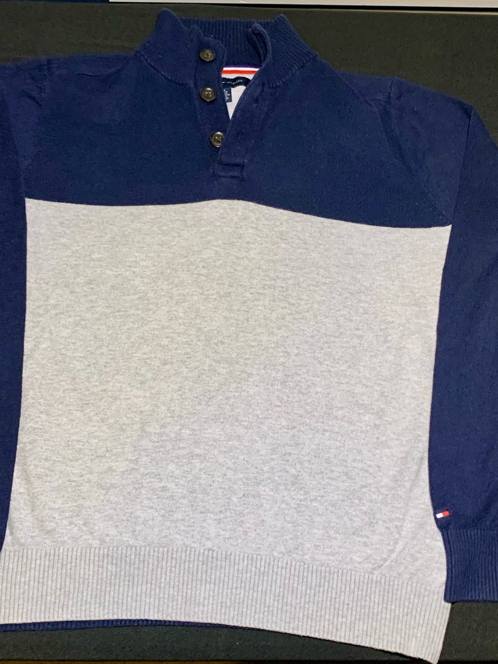 Tommy Hilfiger Mens M Mock Neck Button Sweater Navy Gray Colorblock Flag